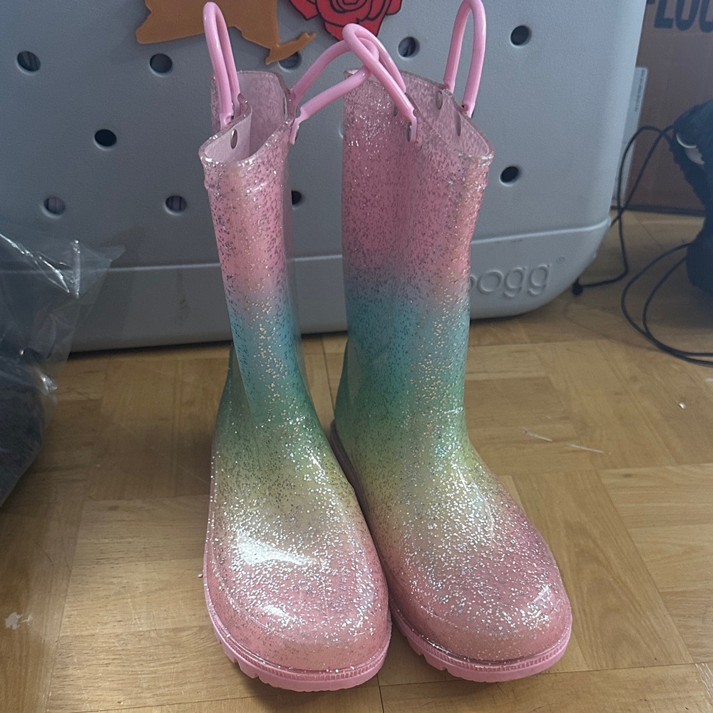 Josmo Pink and Green Glitter Kids Rain Boots